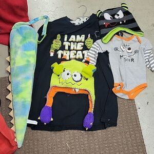 Halloween shirts, hats monster tail. Adult and 9 mths
